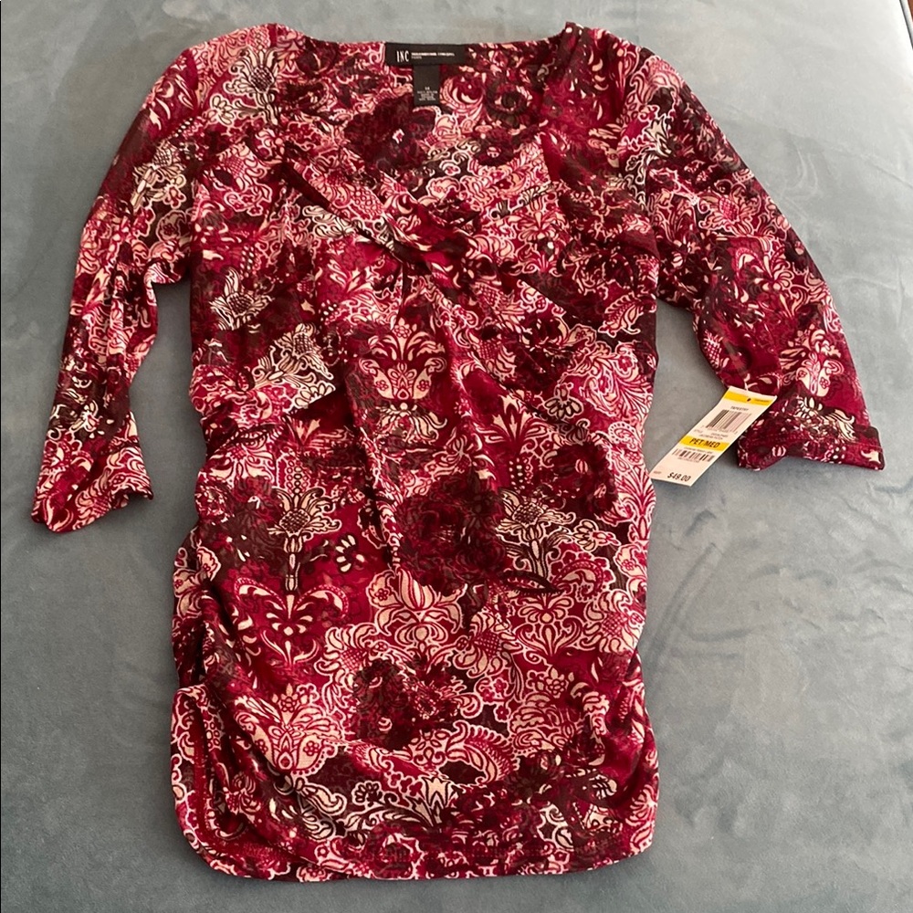 INC International Concepts Red Ruched Wrap Blouse PM